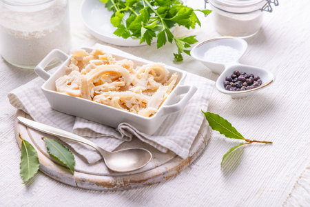 Fresh cooked tripes, cutted into stripes with herbs for cooking (nose-to-tail or zero waste food concept)の写真素材