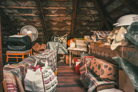 Cozy attic space with storage and vintage decor elements