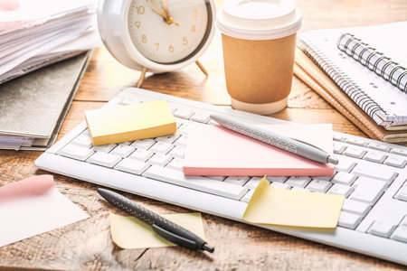 Time management concept. Composition with alarm clock on wooden table with laptop computer, stationary and post-it notesの写真素材