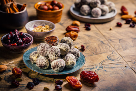 Energy vegan balls - raw dessert (bliss balls),  sugar free candies with ingredients, nut and fruitsの写真素材