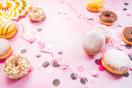 Traditional Berliner for carnival and party. German Krapfen or donuts with streamers and confetti. Colorful carnival or birthday imageの写真素材