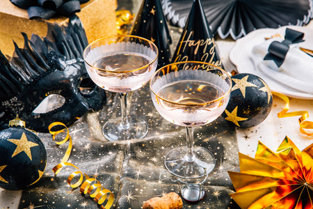 New year table setting with decoration for dining and party in black and golden toneの写真素材