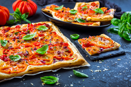 Tomato tart made with puff pastry, healthy vegetarian foodの写真素材