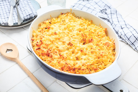 Typical American macaroni and cheese (mac and cheese ) in caserollの写真素材