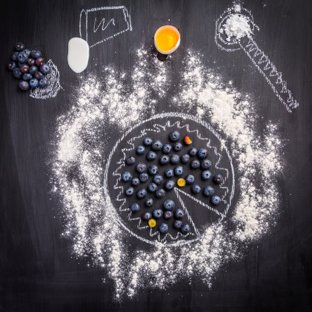 Baking concept - ingredients for blueberry pie, sprinkled wheat flour circleの写真素材