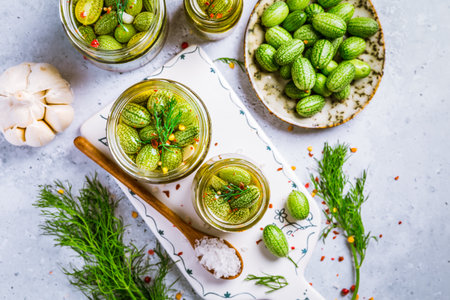 Homemade food: Pickled cucamelons (pickled cucumbers, pickled gherkins), grown in a organic kitchenの写真素材