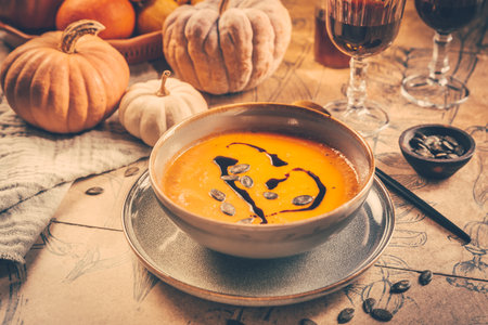 Pumpkin cream soup with pumpkin seeds on decorated kitchen tableの写真素材