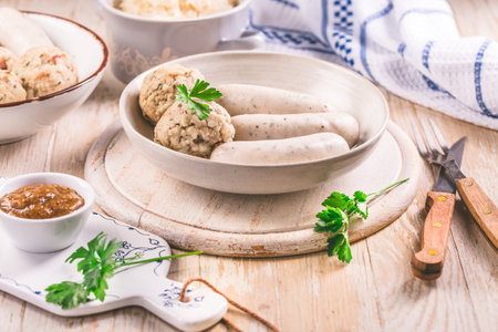Traditional Bavarian cuisine - White veal sausage (Weisswurst) with pickled white cabbage (Sauerkraut) and bread dumplings with  Mustard Sauceの写真素材
