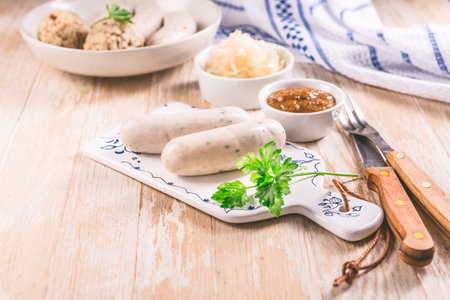 Traditional Bavarian cuisine - White veal sausage (Weisswurst) with pickled white cabbage (Sauerkraut) and bread dumplings with  Mustard Sauceの写真素材