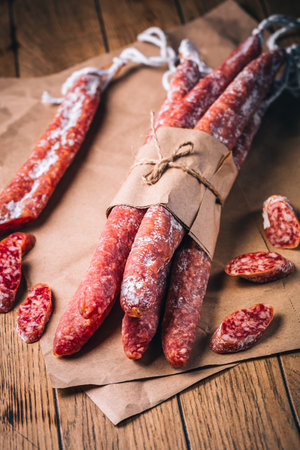 Spanish salami fuet - dry-cured and natural fermented sausagesの写真素材