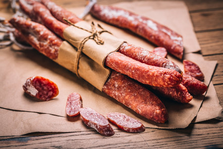 Spanish salami fuet - dry-cured and natural fermented sausagesの写真素材