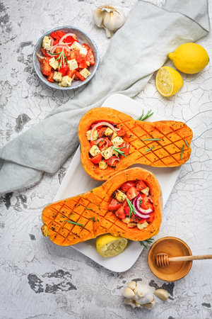 Halved roasted butternut squash with spicy vegetable filling and feta cheeseの写真素材