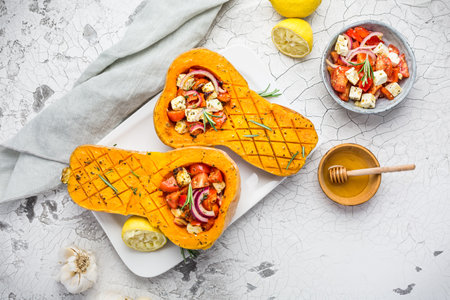 Halved roasted butternut squash with spicy vegetable filling and feta cheeseの写真素材
