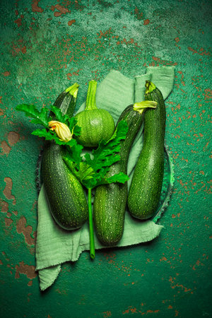 Assortment of organic courgettes and zucchinis on green backgroundの写真素材
