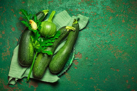 Assortment of organic courgettes and zucchinis on green backgroundの写真素材