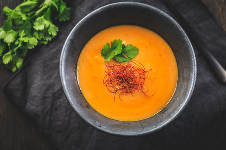 Roasted pumpkin and carrot soup with  red lentils, ginger and chiliの写真素材