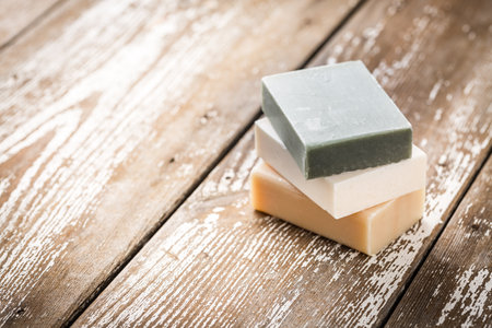 Natural soap bars on wooden backgroundの写真素材
