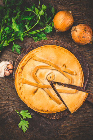 Spanish empanada - traditional meat pie with onions, Spanish cuisineの写真素材