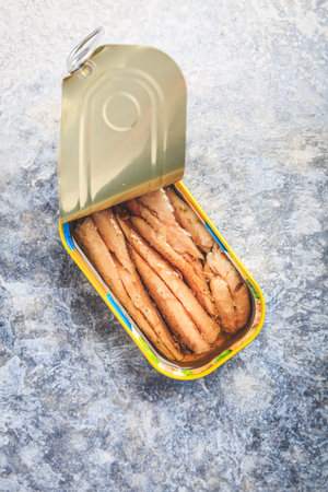 Canned seafood, sardine fish and mackerel fillets in oil