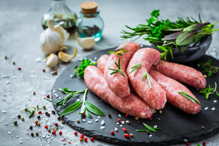 Raw sausages on slate, with herbs and spices, prepared for grill and BBQの写真素材