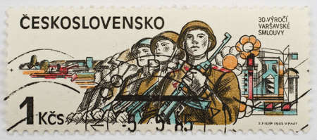  CZECHOSLOVAKIA - CIRCA 1985  a stamp from Czechoslovakia shows image of soldiers and commemorates the 30th anniversary of the Warsaw Pact, circa 1985 のeditorial素材