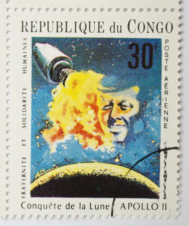  REPUBLIC OF CONGO - CIRCA 1969  a stamp from the Republic of Congo shows image of the Apollo 11 spacecraft, circa 1969 のeditorial素材