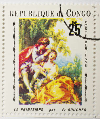 Stamp from the Republic of Congo shows the painting Spring by Francois Boucher, circa 1969 のeditorial素材