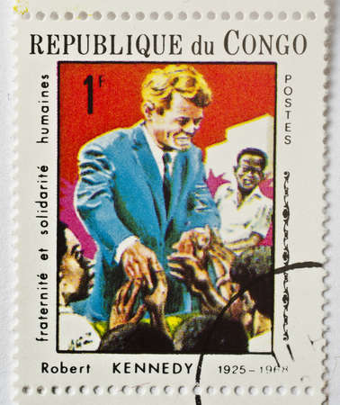 Stamp from the Republic of Congo shows image of Robert Kennedy, the Democratic senator from New York, circa 1968 のeditorial素材