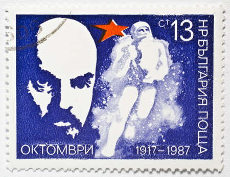  BULGARIA - CIRCA 1987  a stamp from Bulgaria shows image of Lenin and commemorates the 70th anniversary of the October Revolution, circa 1987 のeditorial素材