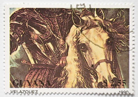  GUYANA - CIRCA 1990  a stamp from Guyana shows a Velazquez painting of a horseman in armour, circa 1990 の写真素材