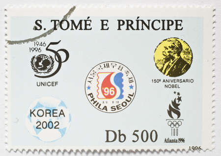  SAO TOME AND PRINCIPE - CIRCA 1996  a stamp from Sao Tome and Principe shows image commemorating various events in 1996, circa 1996 のeditorial素材
