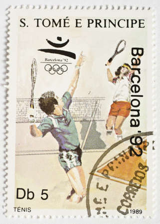  SAO TOME AND PRINCIPE - CIRCA 1989  a stamp from Sao Tome and Principe shows image of tennis players and commemorates the Barcelona  92 Olympics, circa 1989 のeditorial素材