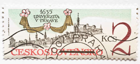  CZECHOSLOVAKIA - CIRCA 1985  a stamp from Czechoslovakia shows image commemorating the 350th anniversary of the University of Trnava のeditorial素材