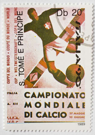  SAO TOME AND PRINCIPE - CIRCA 1989  a stamp from Sao Tome and Principe shows image celebrating the 1990 FIFA World Cup, circa 1989 のeditorial素材