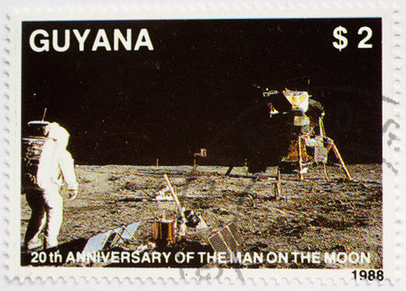  GUYANA - CIRCA 1988  a stamp from Guyana shows image of the first moon landing, circa 1988 