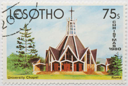  LESOTHO - CIRCA 1980  a stamp from Lesotho shows image of University Chapel in Roma, Maseru District, Lesotho, circa 1980 のeditorial素材