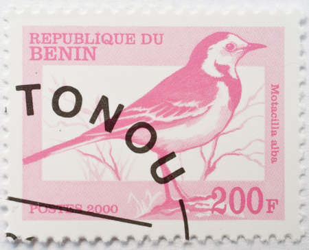  BENIN - CIRCA 2000  a stamp from Benin with Cotonou postmark shows image of a white wagtail  Motacilla alba , circa 2000 のeditorial素材