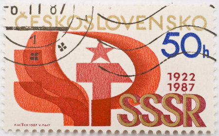  CZECHOSLOVAKIA - CIRCA 1987  A stamp from Czechoslovakia shows image celebrating the Union of Soviet Socialist Republics  USSR   SSSR , circa 1987 のeditorial素材
