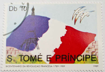 SAO TOME AND PRINCIPE - CIRCA 1989  a stamp from Sao Tome and Principe shows image of the French flag and Eiffel Tower, circa 1989 の写真素材
