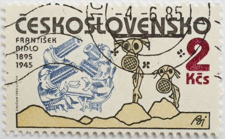 CZECHOSLOVAKIA - CIRCA 1985  a stamp from Czechoslovakia shows image commemorating the 90th birthday of Frantisek Bidlo, the Czech caricaturist, and shows one of his works, circa 1985 のeditorial素材