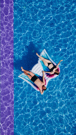 Above vertical view of people young couple taking hands with love and having fun on the blue clear...