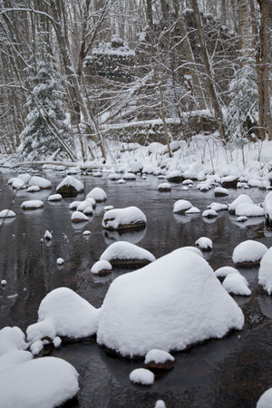 Brook with snow coverd stonesの写真素材