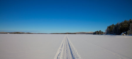 Snowmobile track in white snowlandscapeの写真素材
