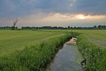 Ditch in dutch landscape under an cloudy evening skyの写真素材