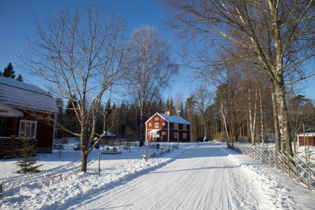 Red wooden house in snowlandscape under bright blue sky in swedenの写真素材
