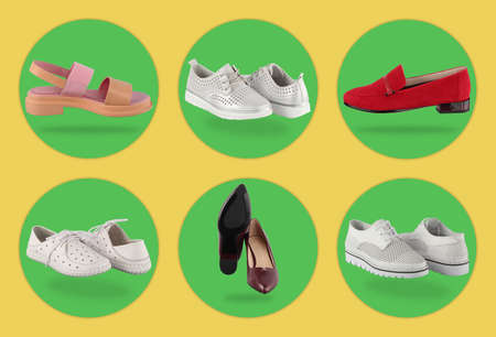 There is a collage of shoes. Beautiful stylish women's shoes for summer and autumn.の写真素材