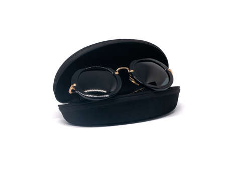 Sunglasses with case isolated on white backgroundの写真素材