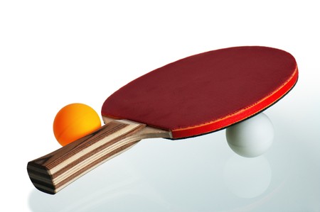 Table tennis racket and ball isolated on white backgroundの写真素材
