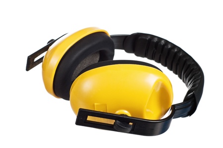 Yellow working protective headphones, it is isolated on whiteの写真素材