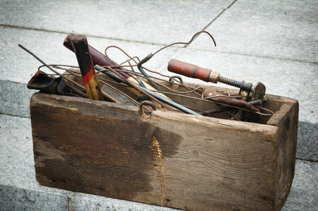 old wooden box with toolsの写真素材
